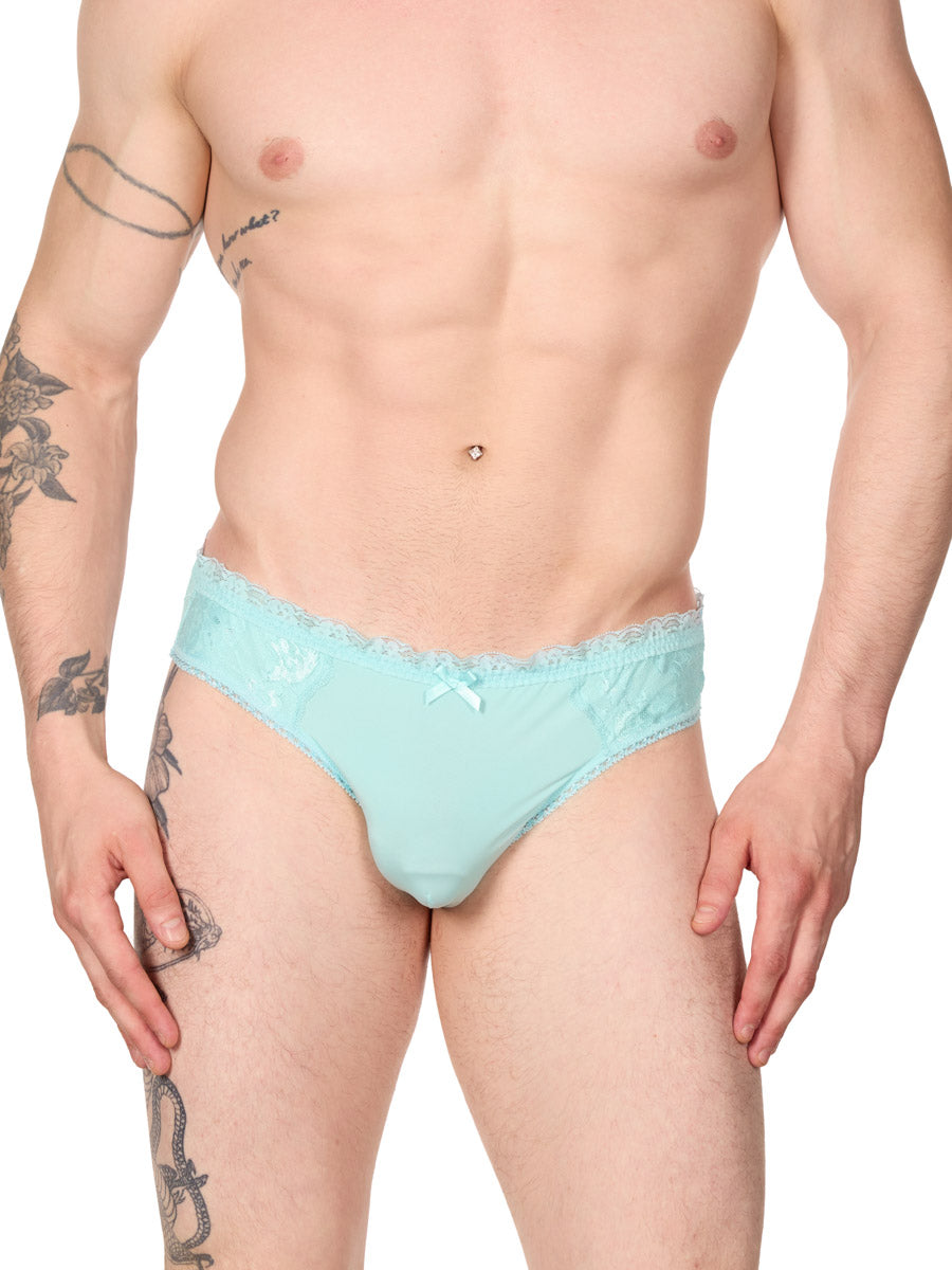 front view of man wearing XDress light blue lacey panties