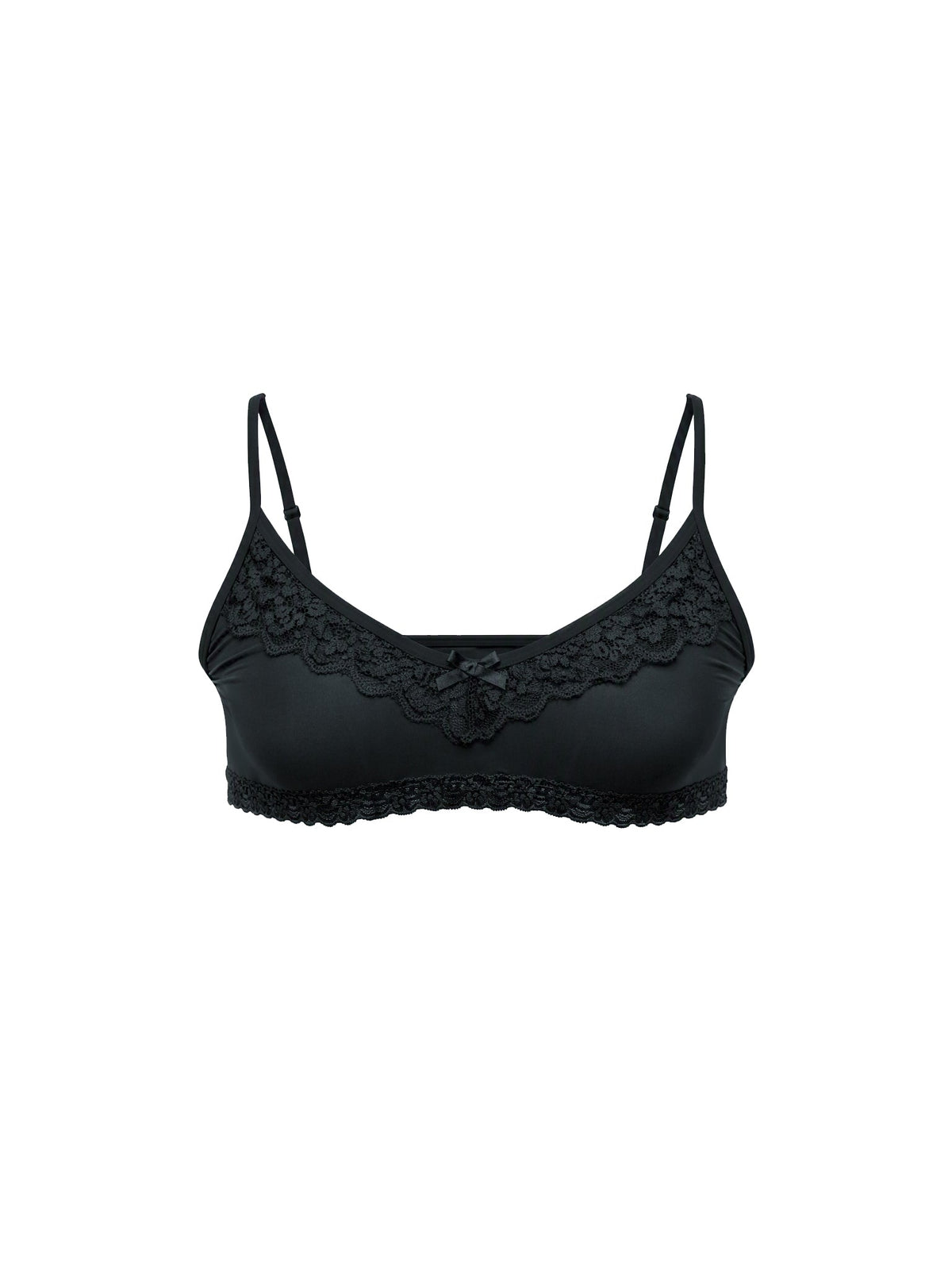 Front view of a black men's bra on a plain white background.