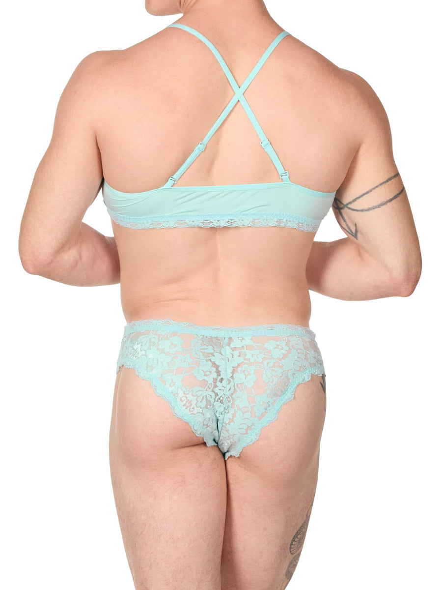 back view of man in an XDress light blue bra and panty set