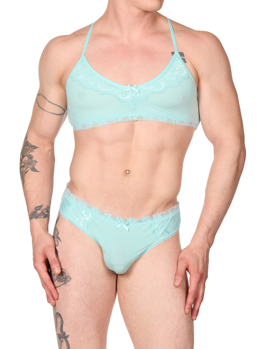 front view of man in an XDress light blue bra and panty set