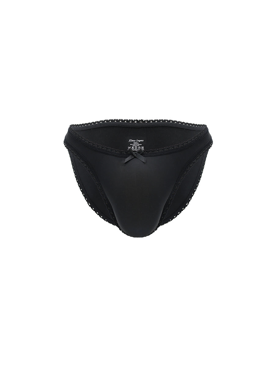 Black men's underwear with lace trim on a white background