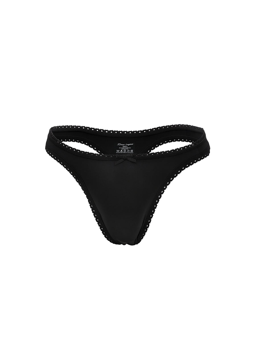 Black men's thong with lace trim on a white background