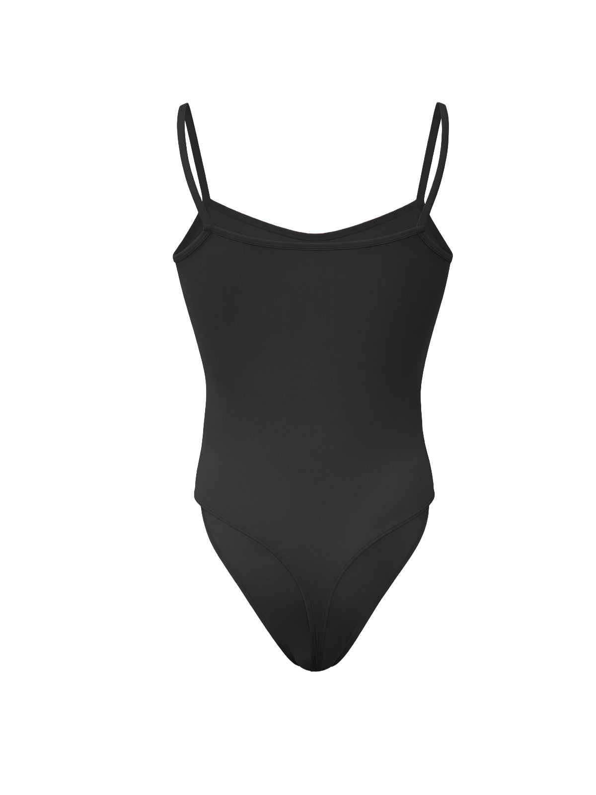Back view of a black thong bodysuit on a plain white background.