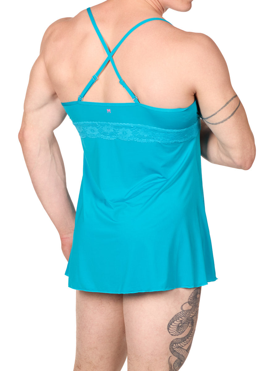 back view of man in an XDress turquoise blue babydoll lingeri