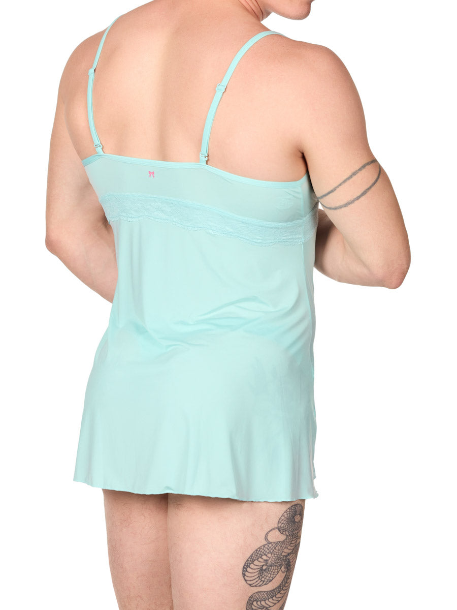 back view of man in an XDress light blue babydoll lingerie