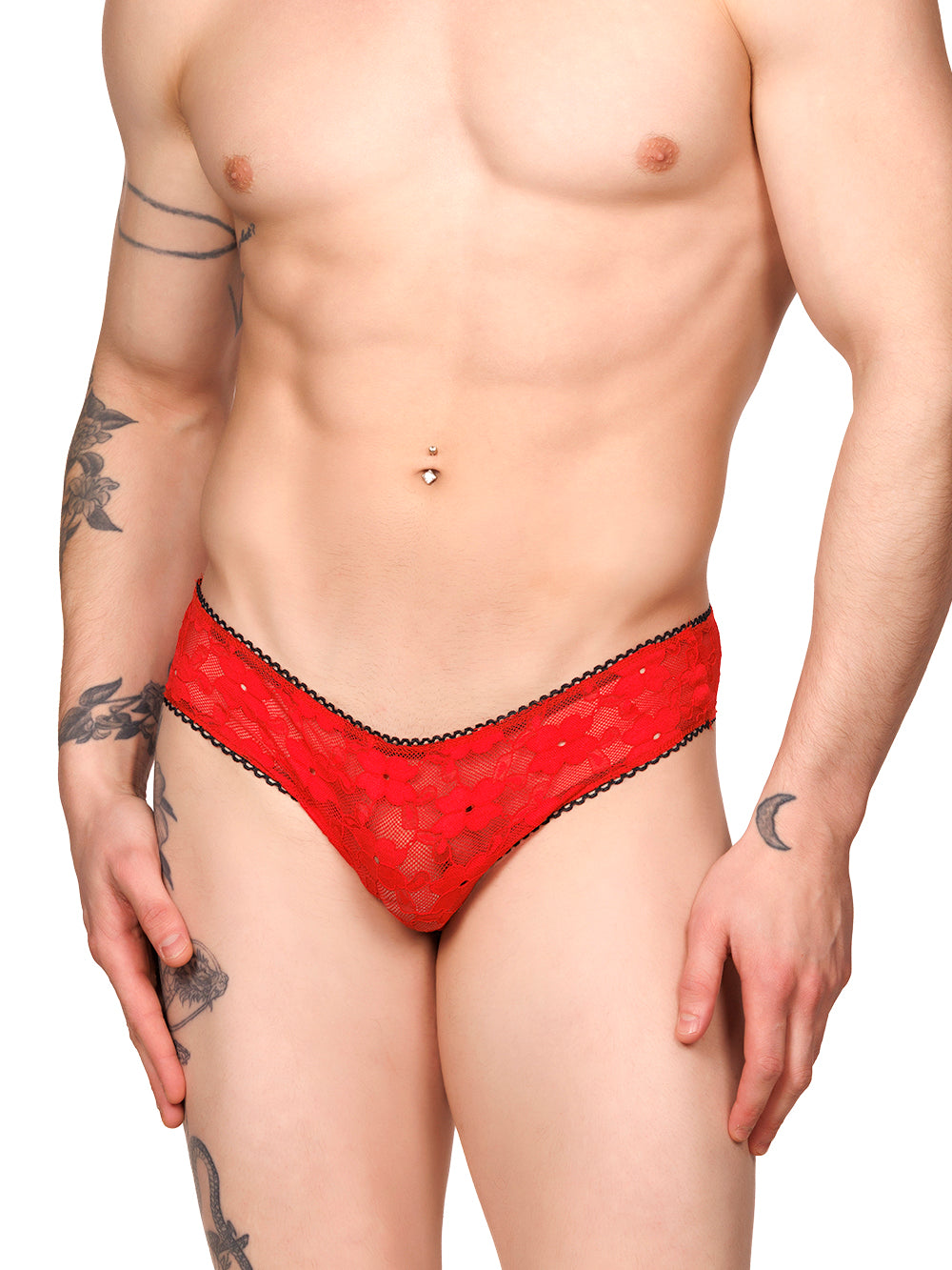 Front view of a male model wearing XDress red lace panties with black picot trim