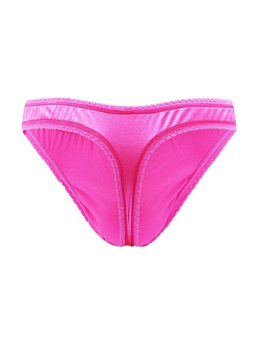 Back view of a bright pink satin thong against a white background.