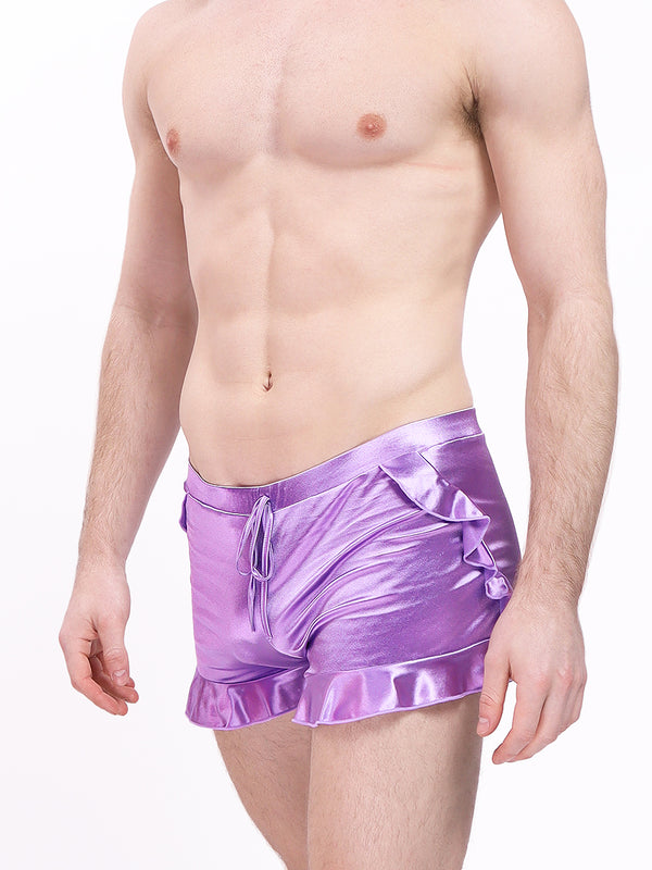 men's purple satin ruffle shorts - XDress UK
