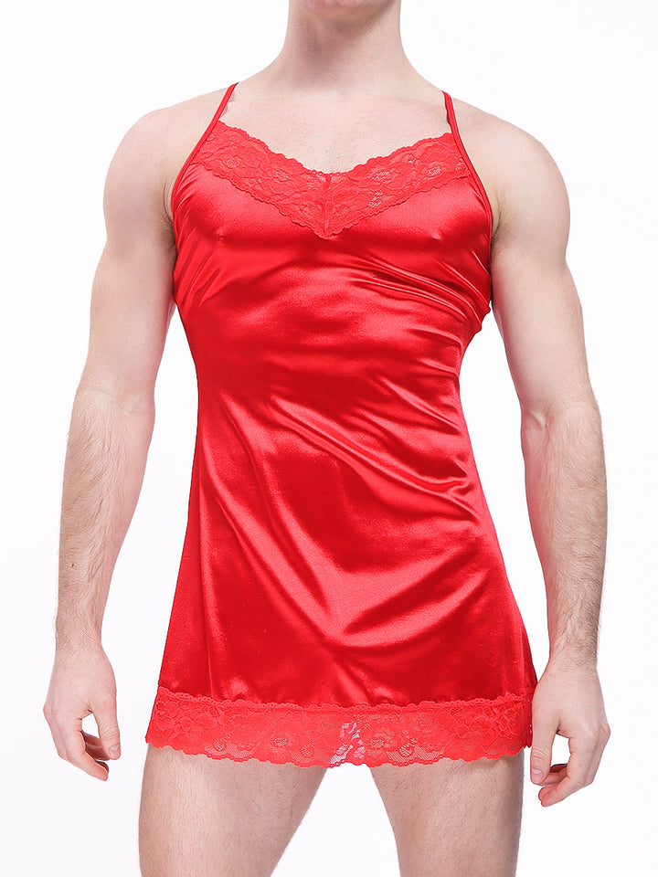 men's red satin and lace nightie - XDress UK