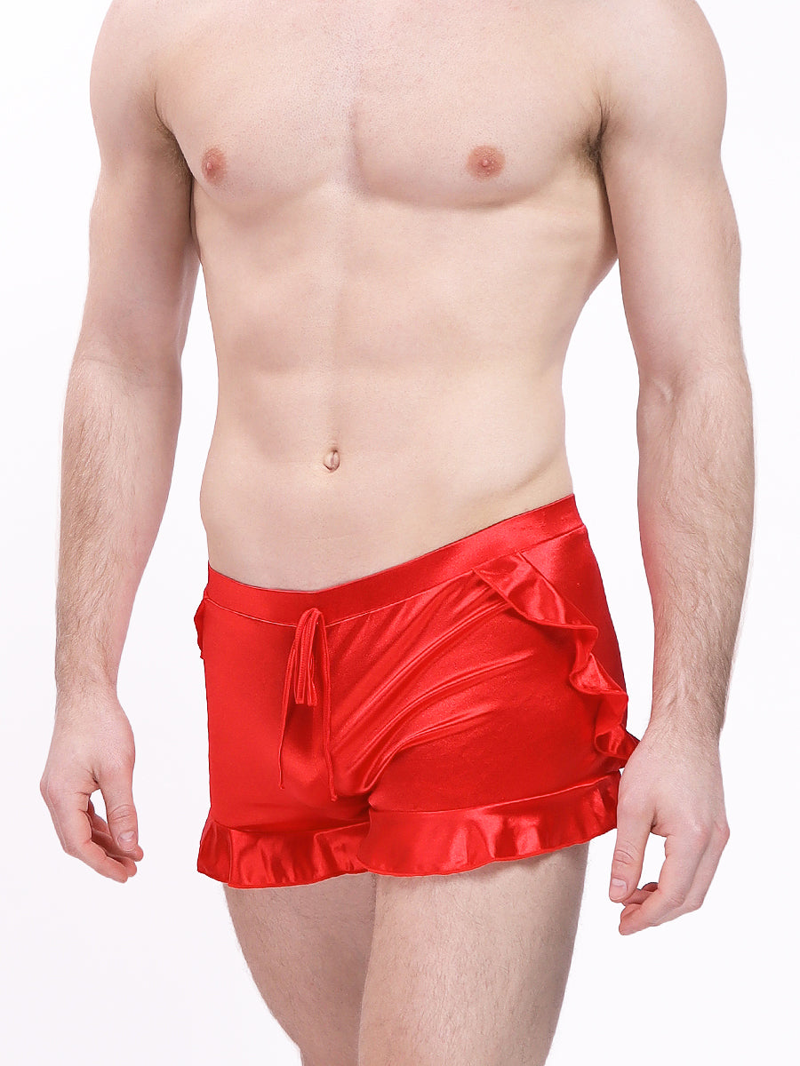 men's red satin ruffle shorts - XDress UK
