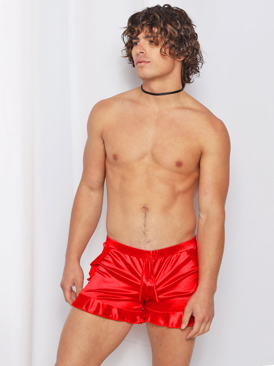 men's red satin ruffle shorts - XDress UK