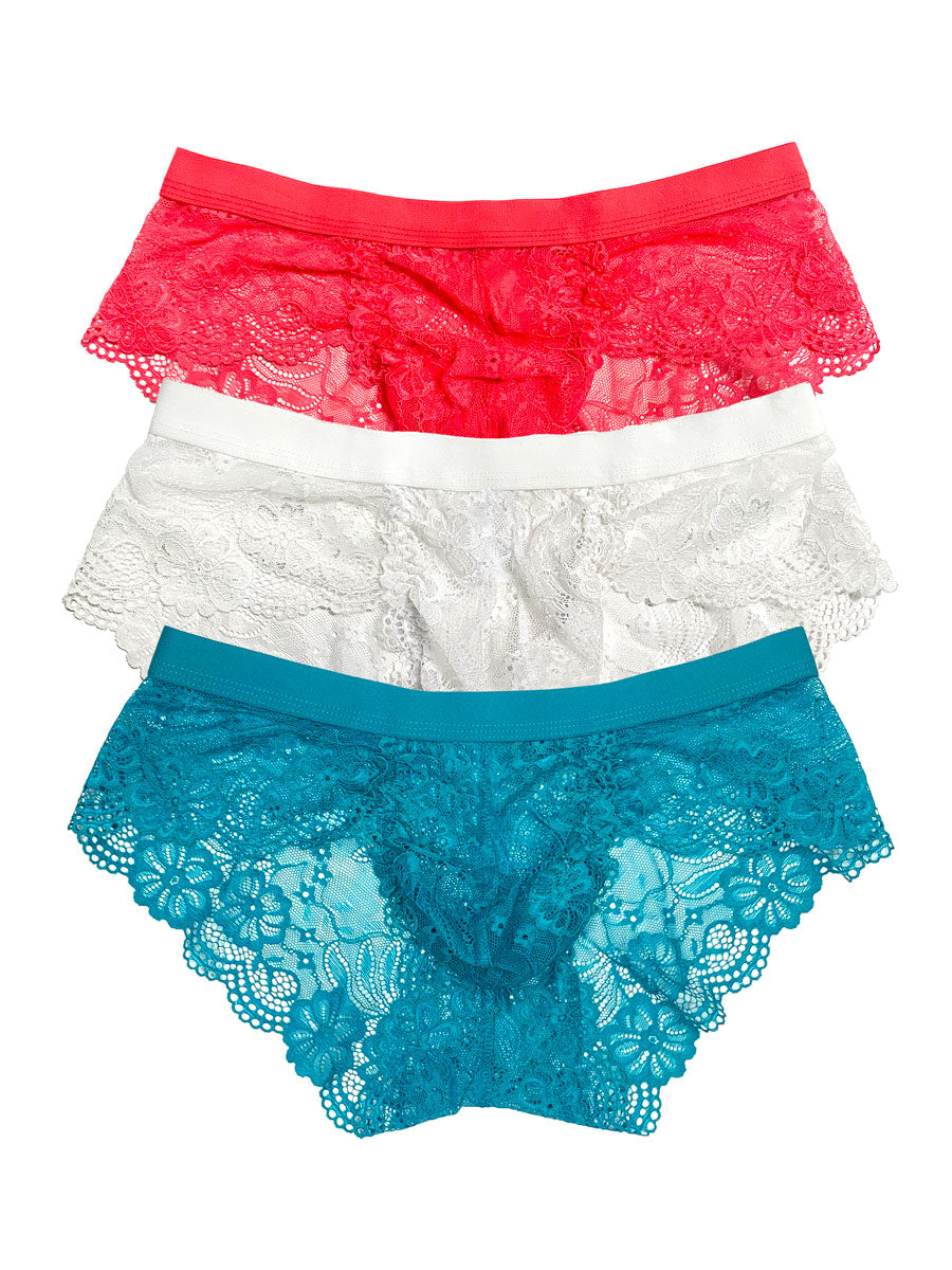 flat lay image of three XDress Valentina panties in red, white, and blue