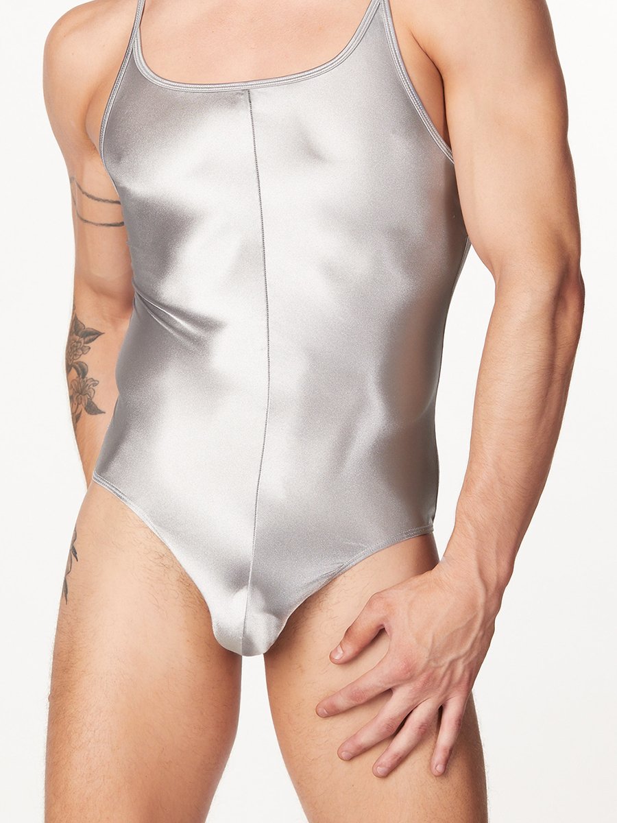 men's silver satin bodysuit