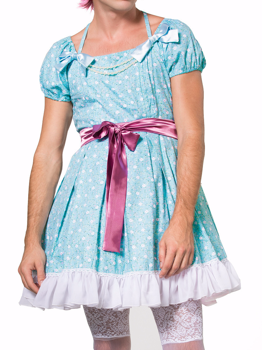 Men's blue lacy and floral patterned crossdressing dress