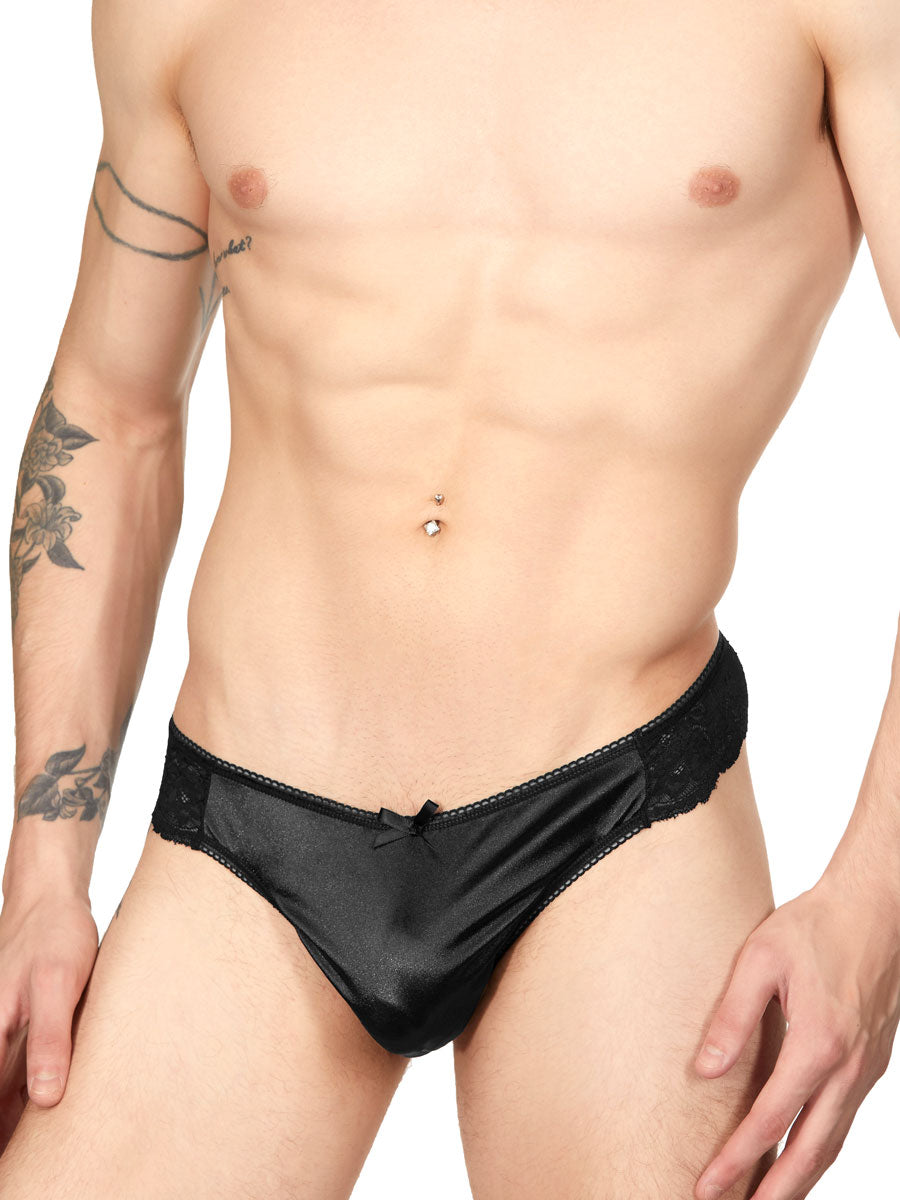 Men's Black Satin and Lace Brazilian Panty