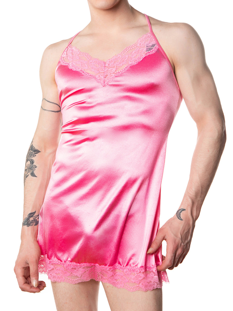 men's pink satin & lace nightie - XDress UK