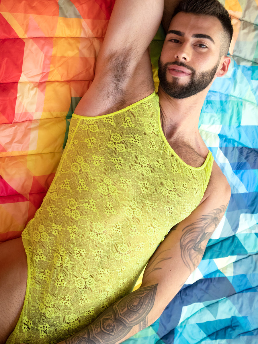 Men's neon yellow thong lace bodysuit