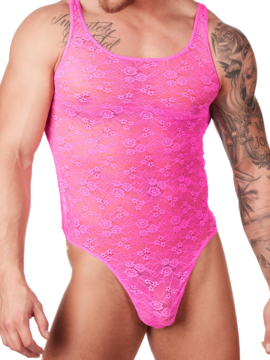 men's pink lace thong bodysuit