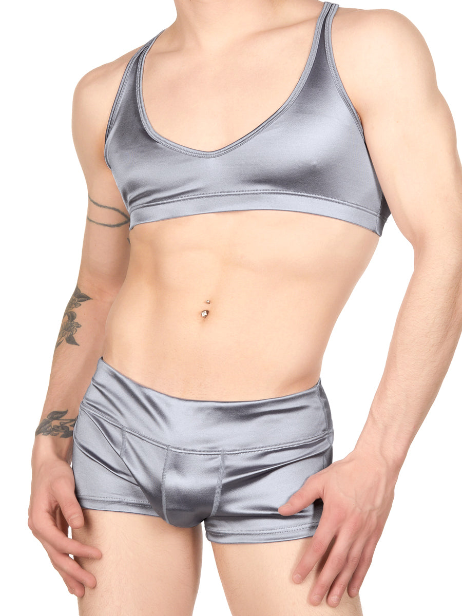 Men's silver satin bra
