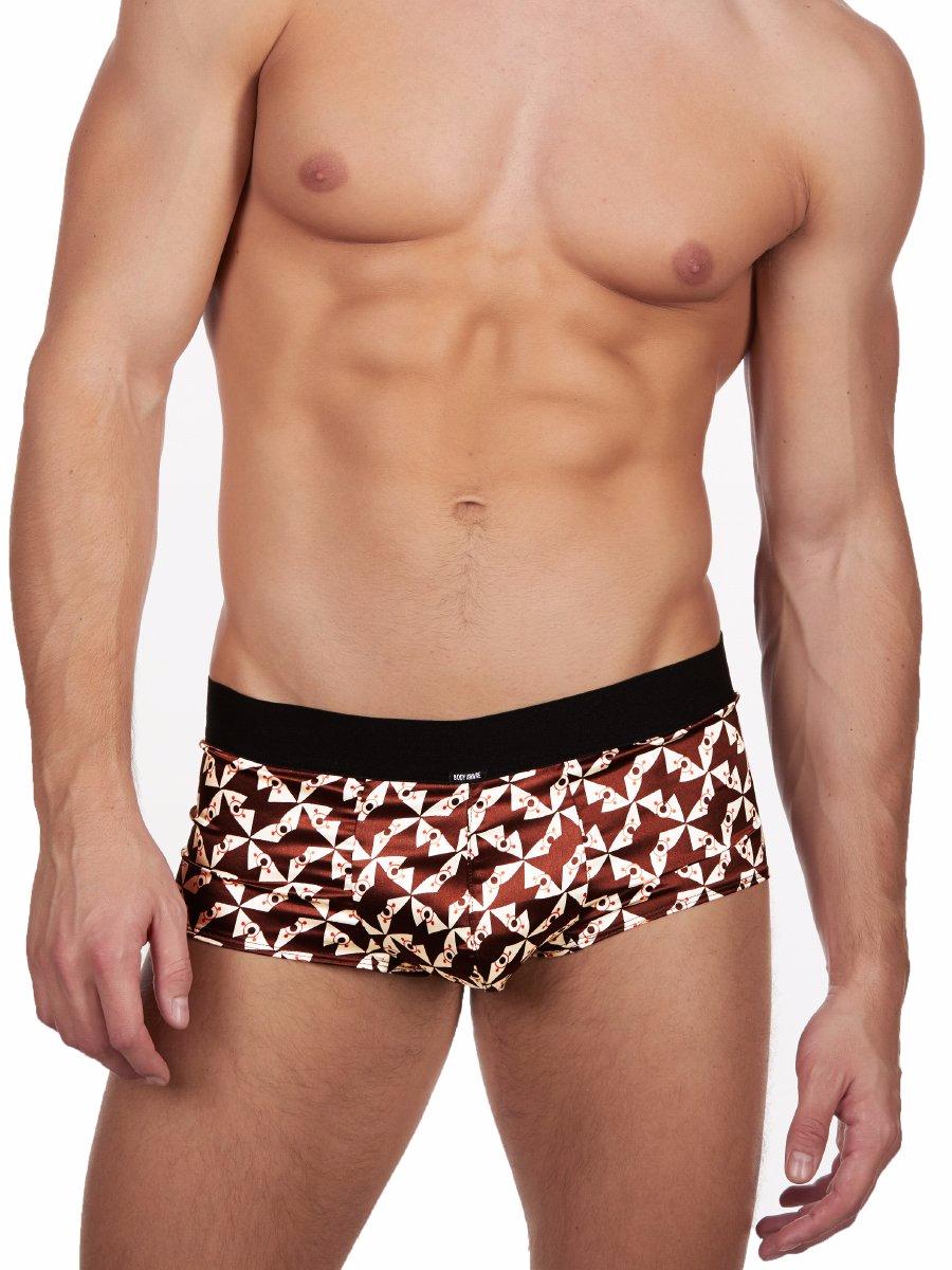 Men's brown and white patterned satin boxer brief underwear