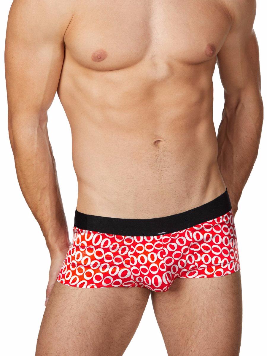 Men's red and white patterned satin boxer brief underwear