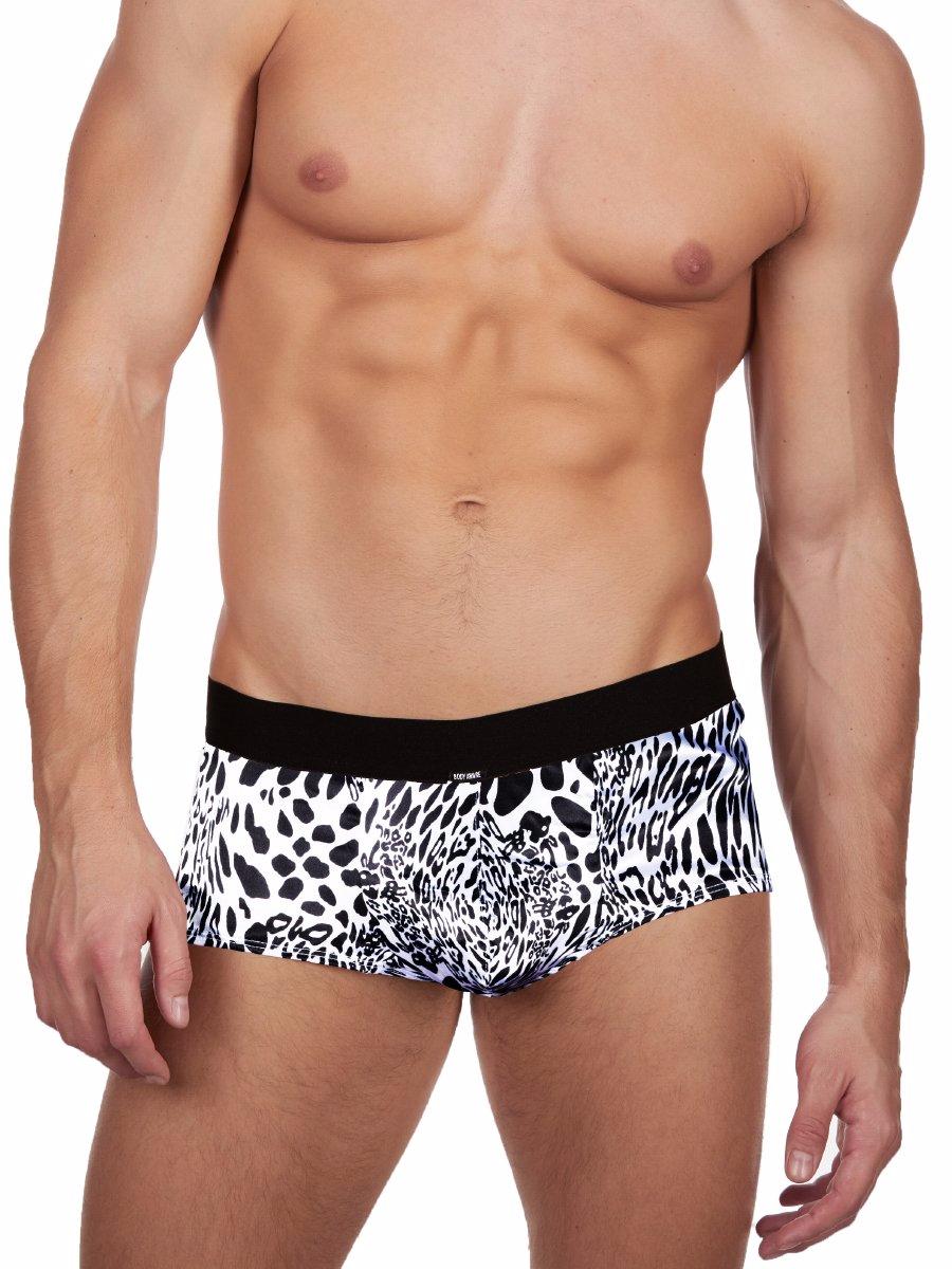 Men's black and white leopard print satin boxer brief underwear