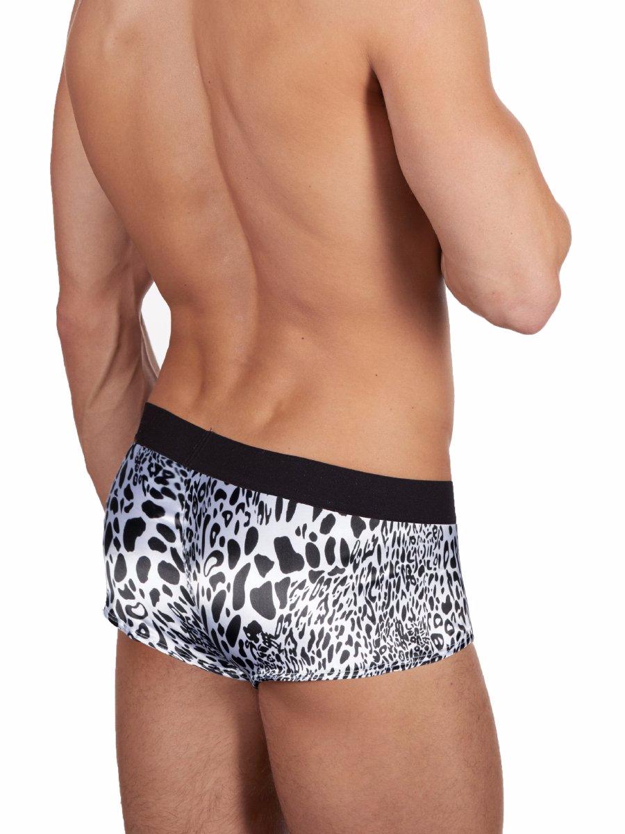 Men's black and white leopard print satin boxer brief underwear