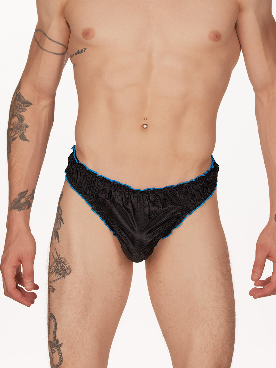 men's black nylon frilly thong - XDress UK