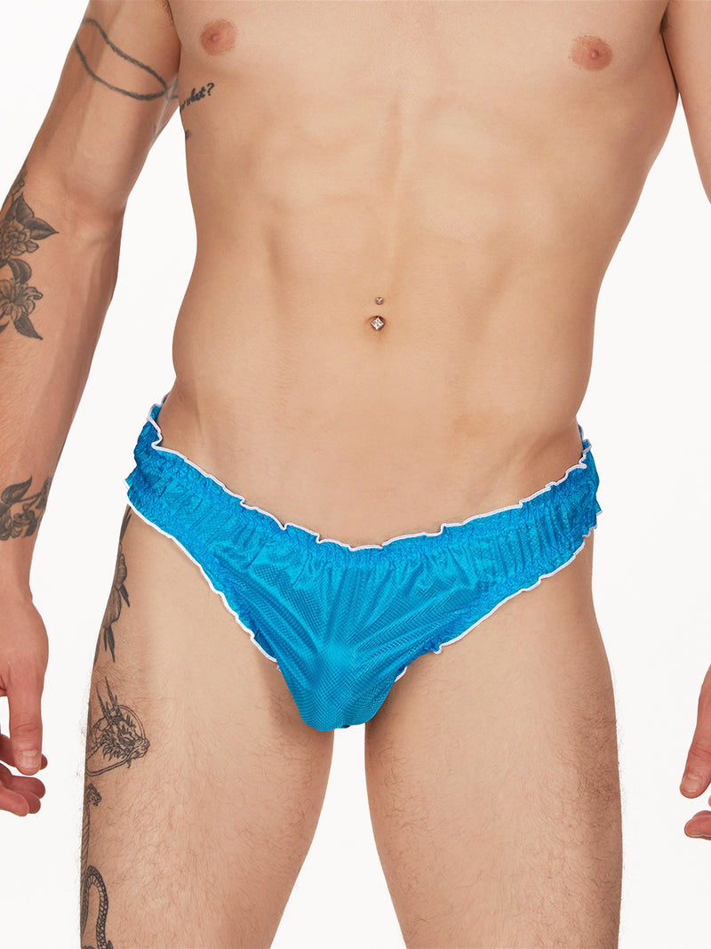 men's blue nylon frilly thong - XDress UK