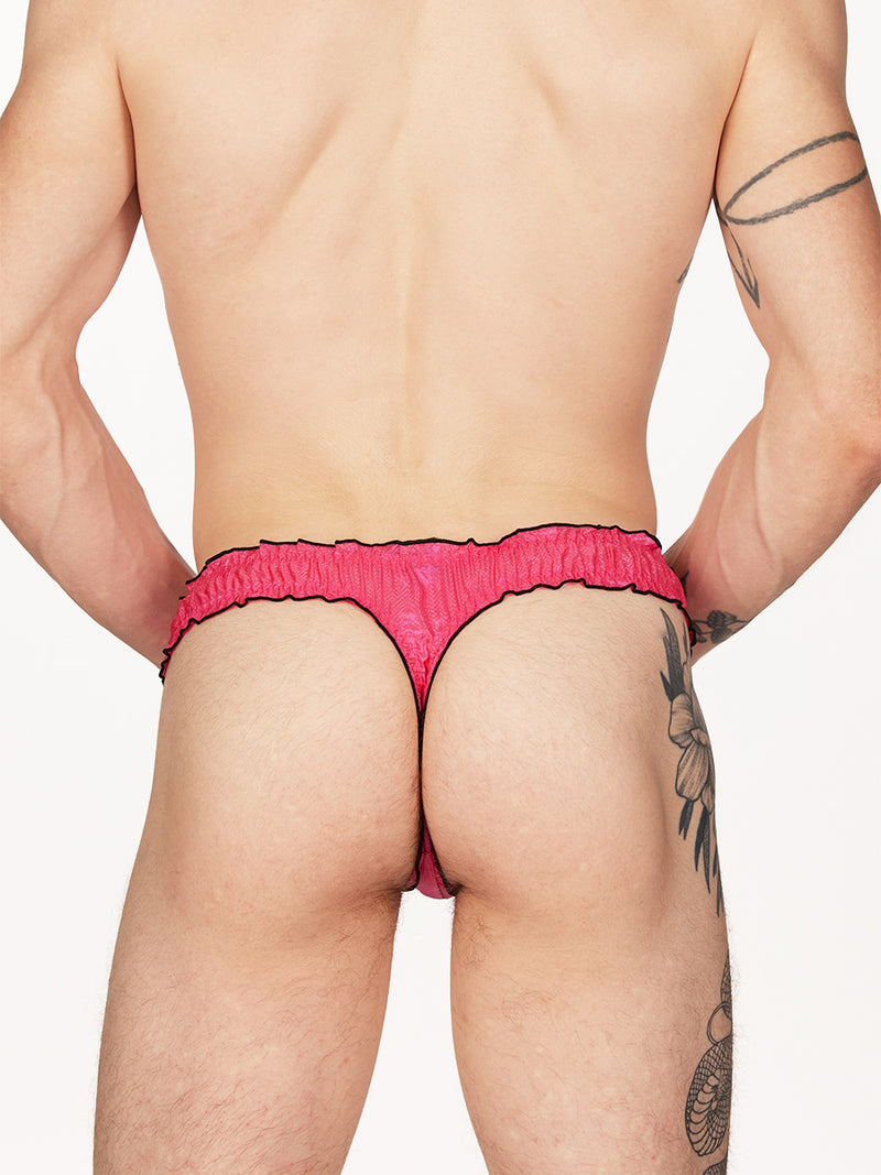 men's pink nylon frilly thong - XDress UK