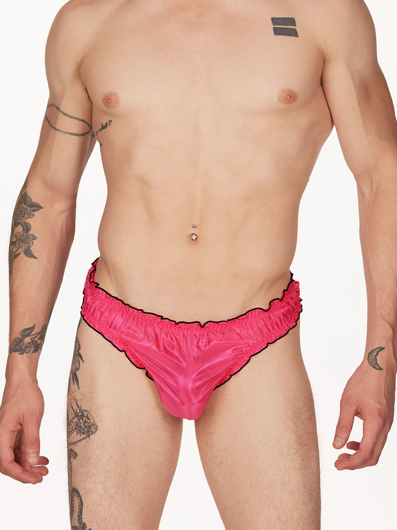men's pink nylon frilly thong - XDress UK