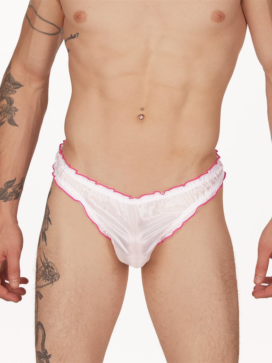 men's white nylon frilly thong - XDress UK