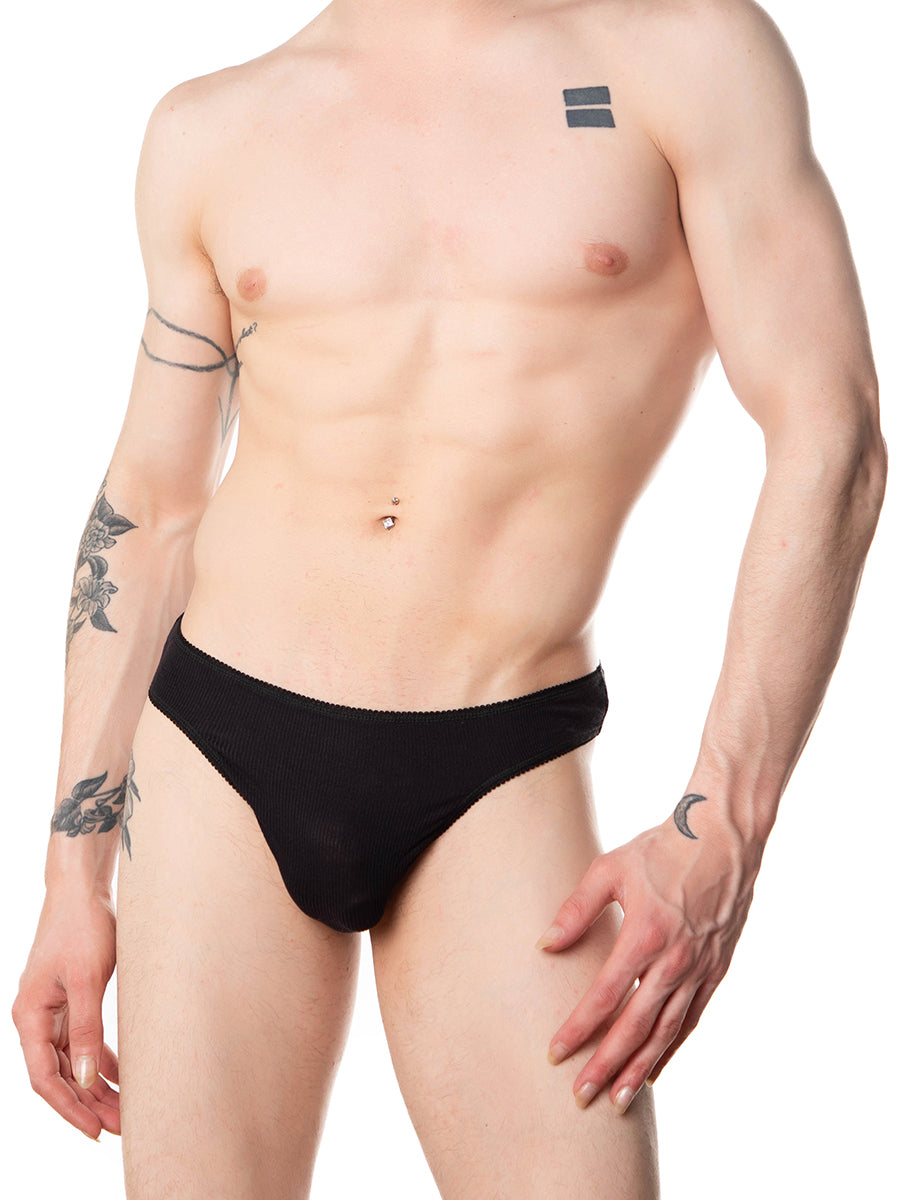 Men's black ribbed picot thong - XDress UK