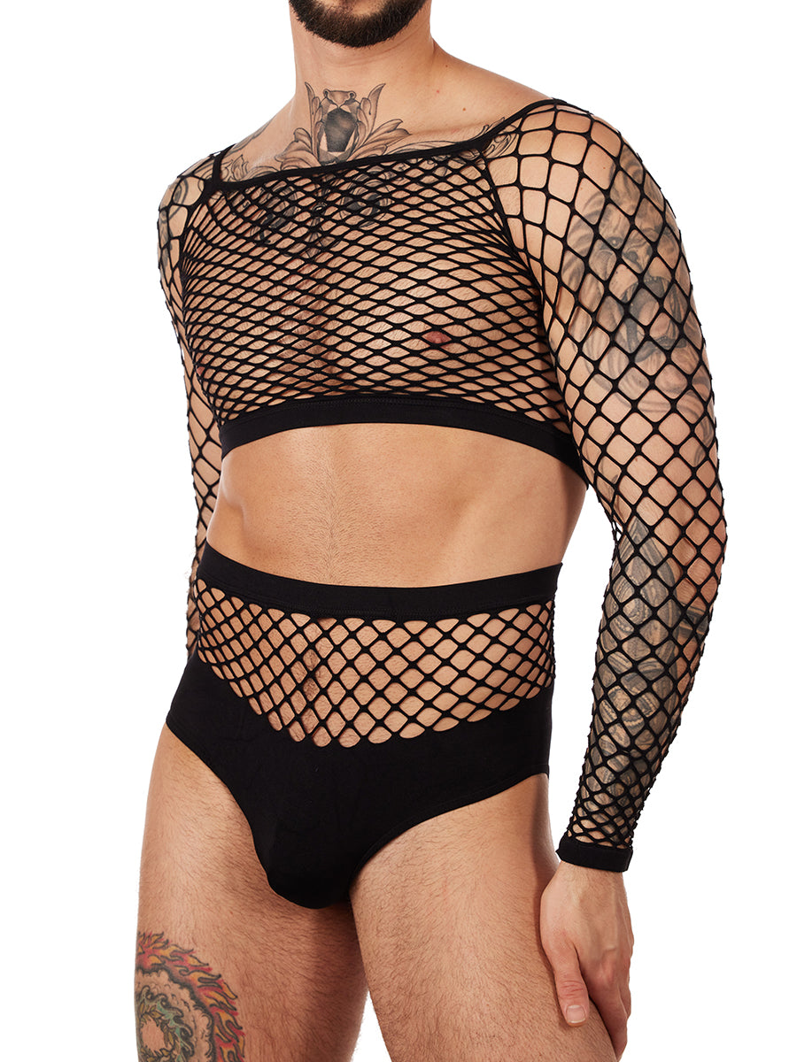 Unisex black fishnet long sleeve with panty set - XDress UK