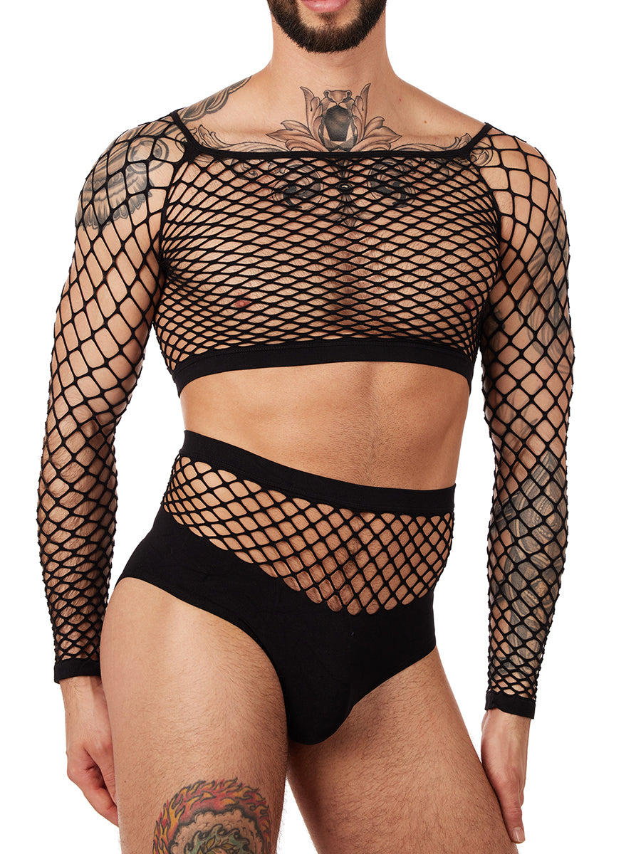 Unisex black fishnet long sleeve with panty set - XDress UK