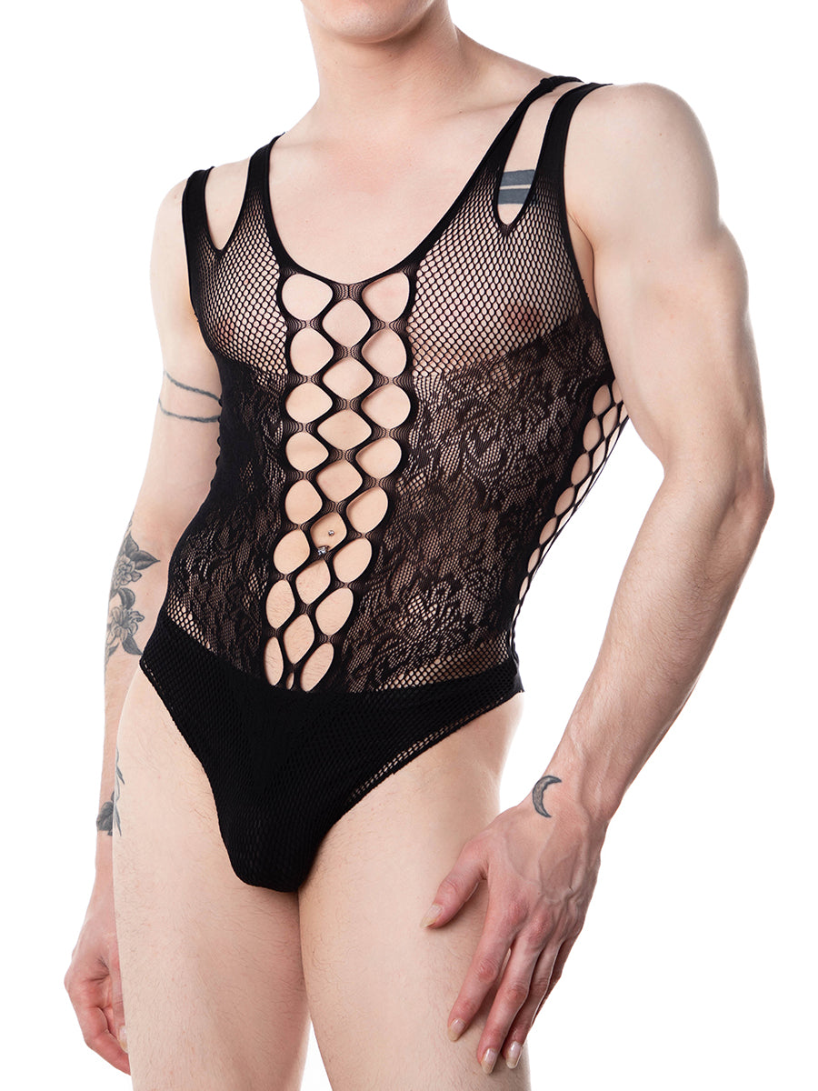 Men's Black Fishnet and Lace Bodysuit - XDress UK