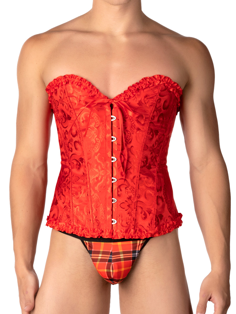Unisex red satin brocade pattern corset