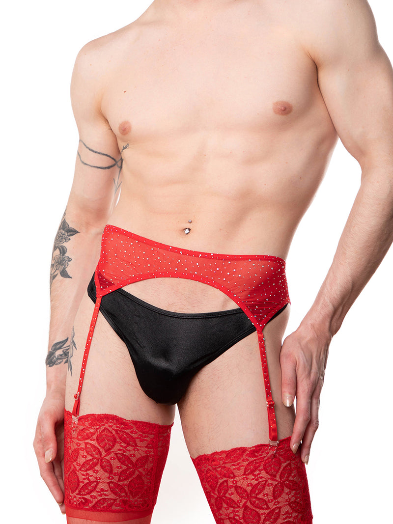 men's red sparkly mesh garter belt