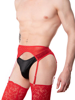 men's red sparkly mesh garter belt
