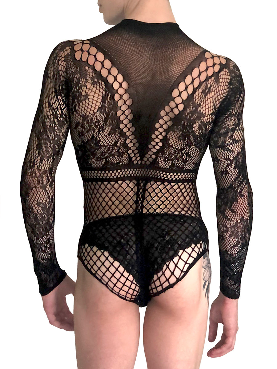 Men's black long sleeve fishnet bodysuit