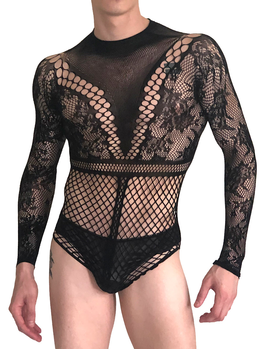 Men's black long sleeve fishnet bodysuit 