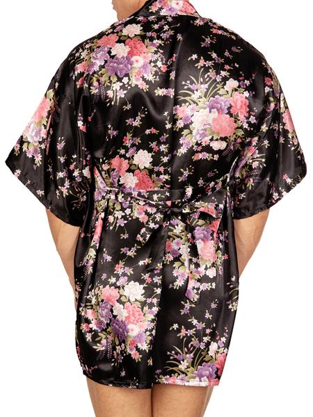 men's black floral satin robe