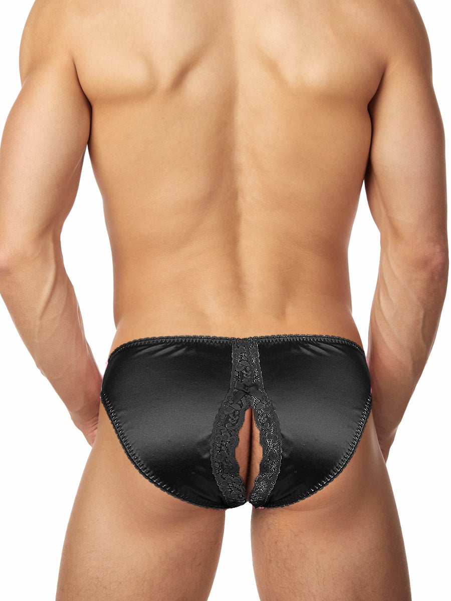 Men's black satin crotchless panty