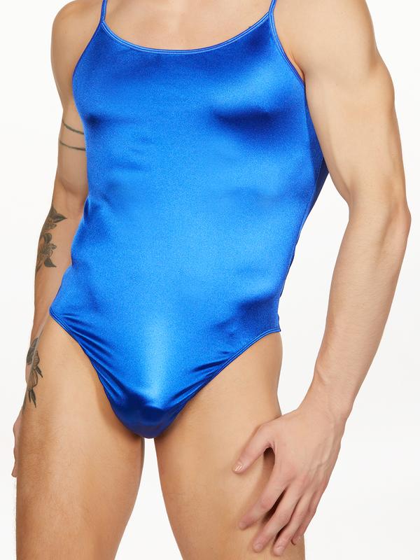 men's blue satin thong bodysuit