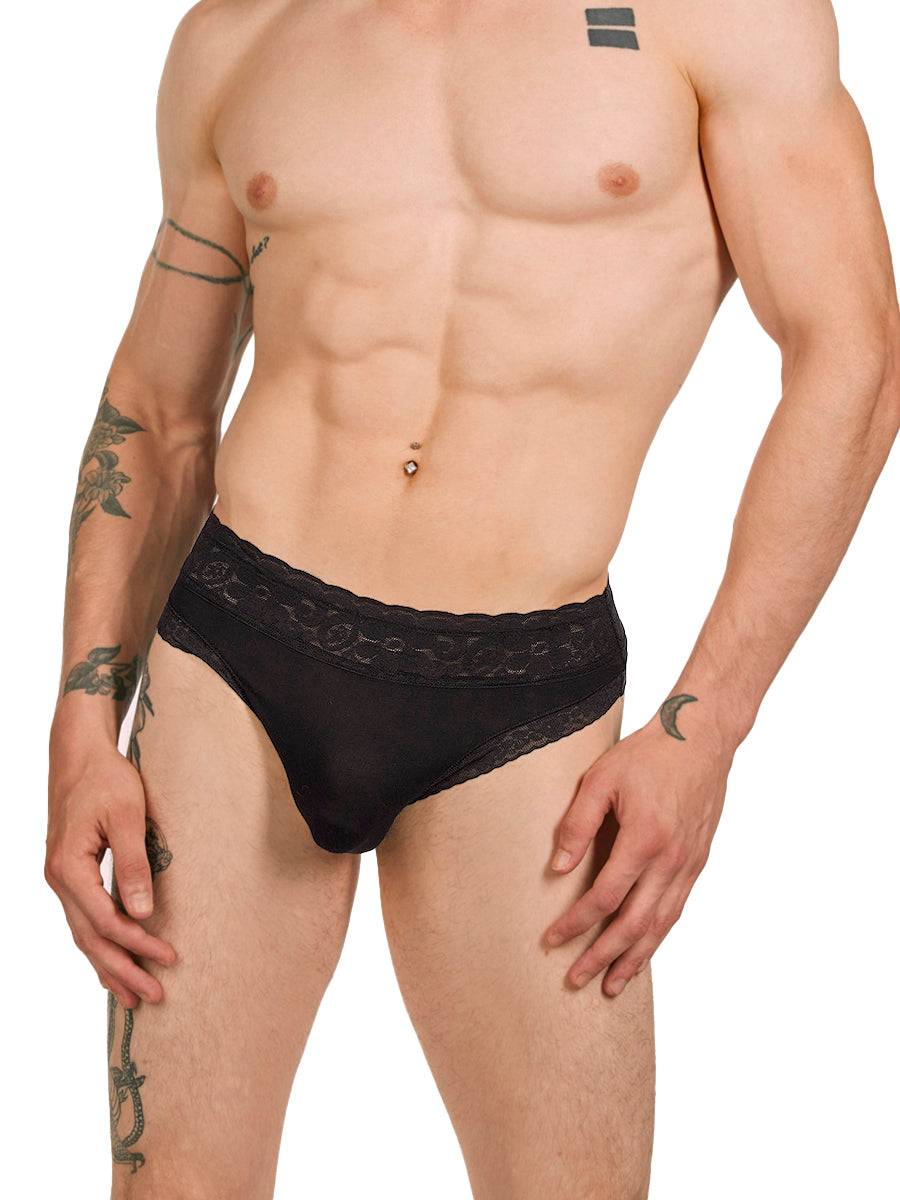 men's black modal and lace thong - XDress UK