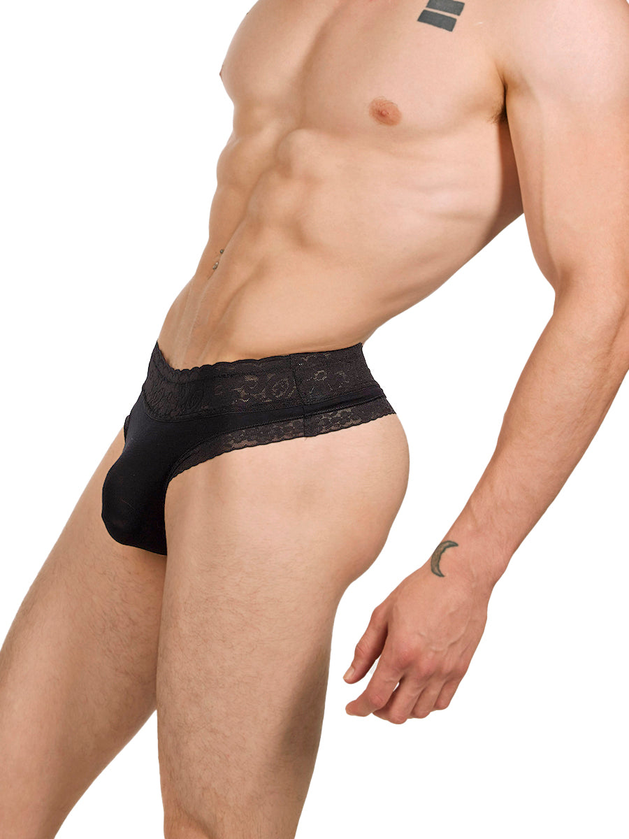 men's black modal and lace thong - XDress UK