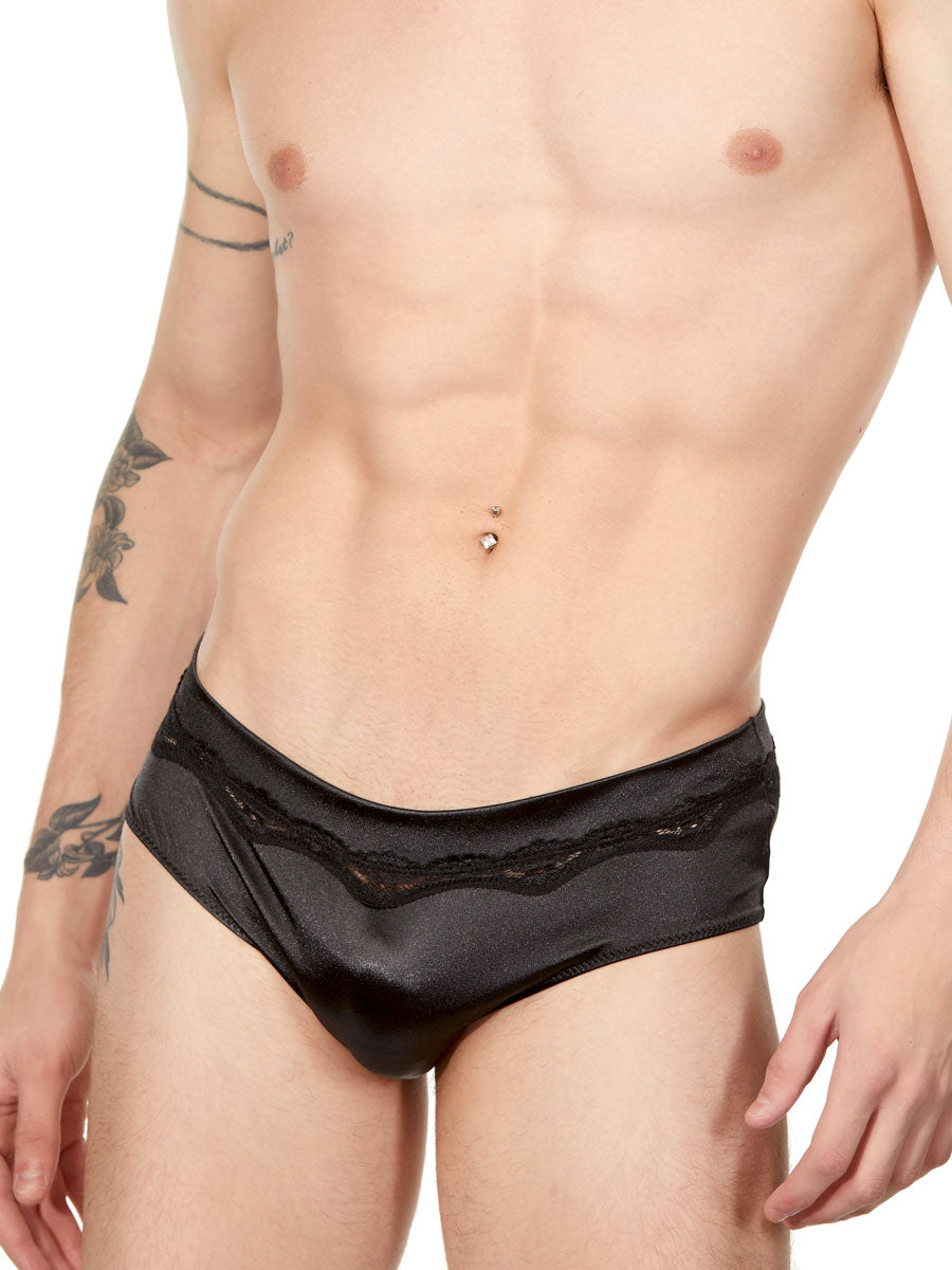 Men's Black Satin and Lace Panty