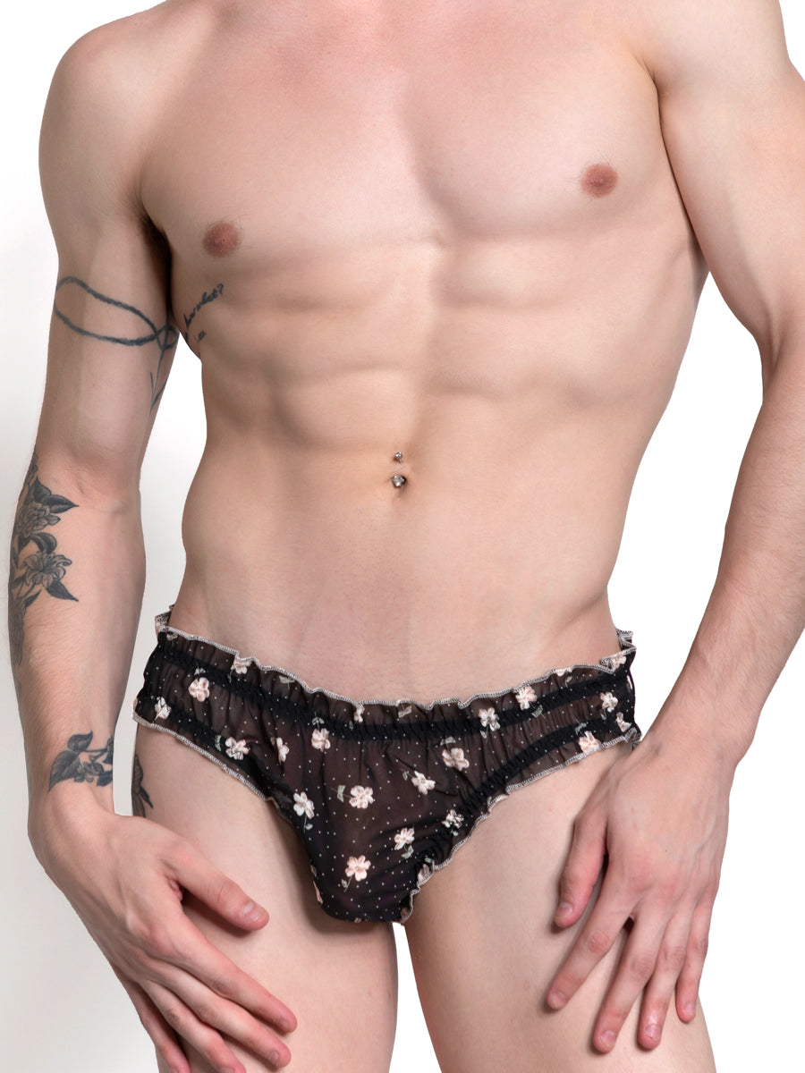 Men's black see-thru floral mesh panty