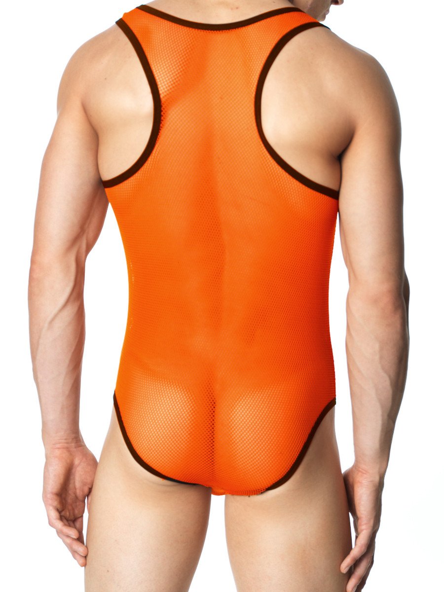 Men's orange see through fish net leotard bodysuit