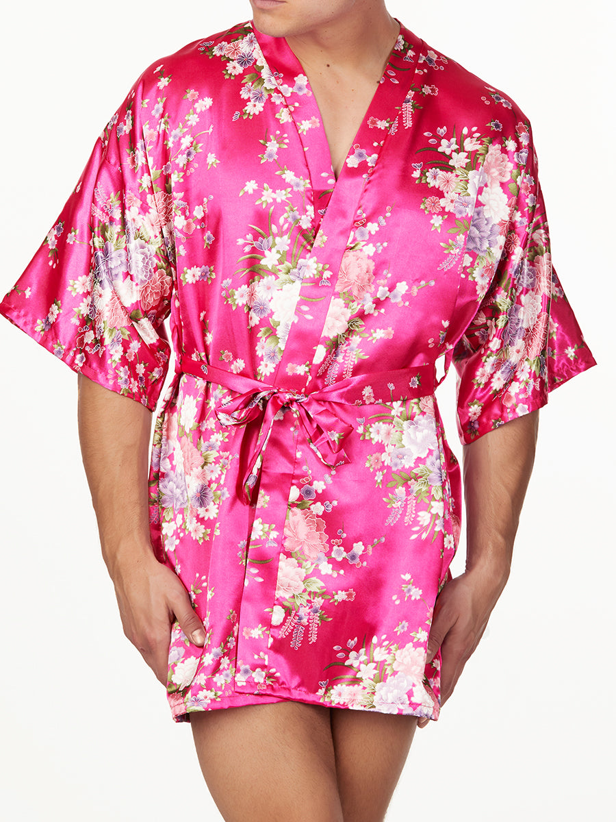 men's pink floral satin robe